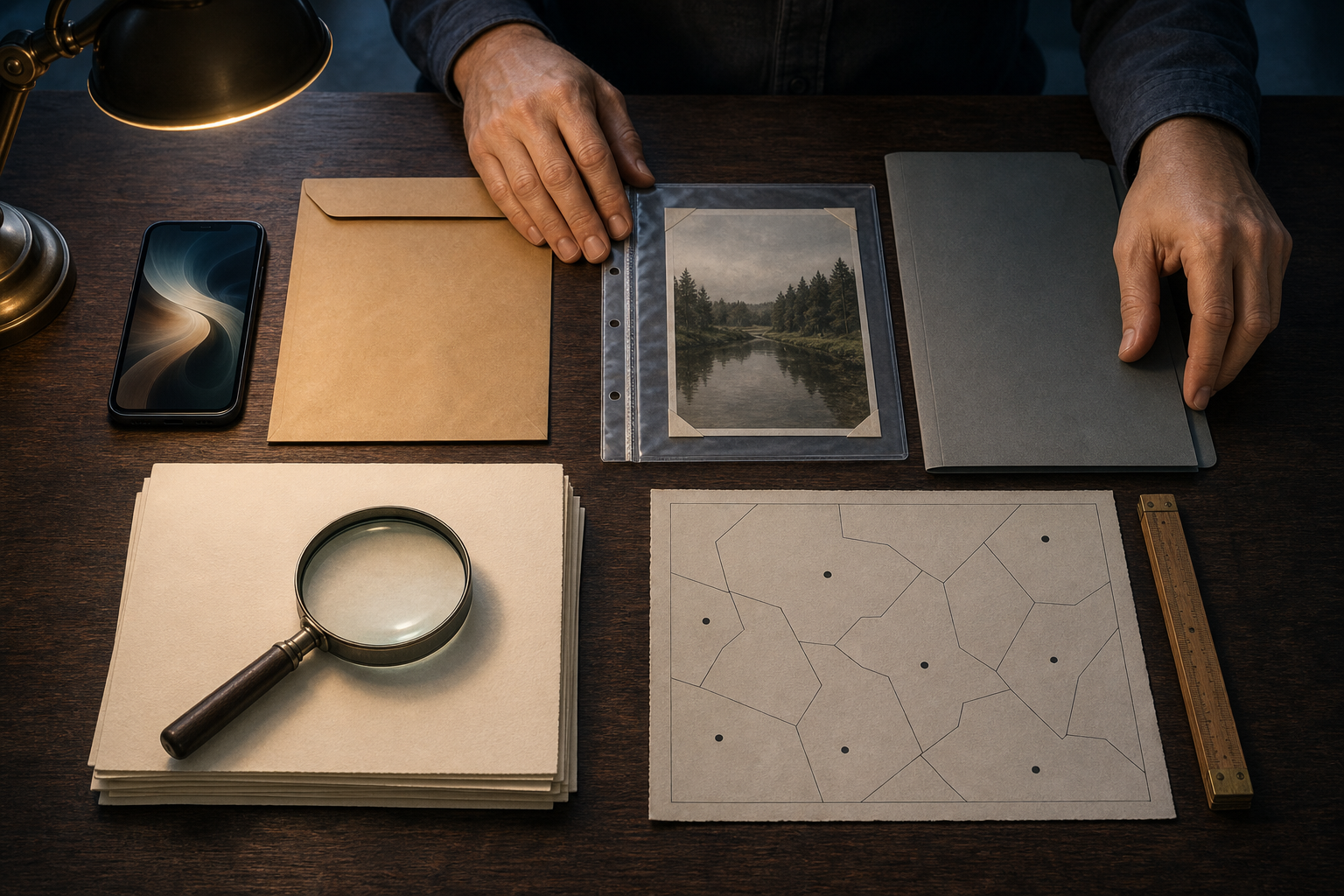 Hands organize a phone, a protected photograph, financial records, and an unlabeled site map with tools for preserving and examining evidence.