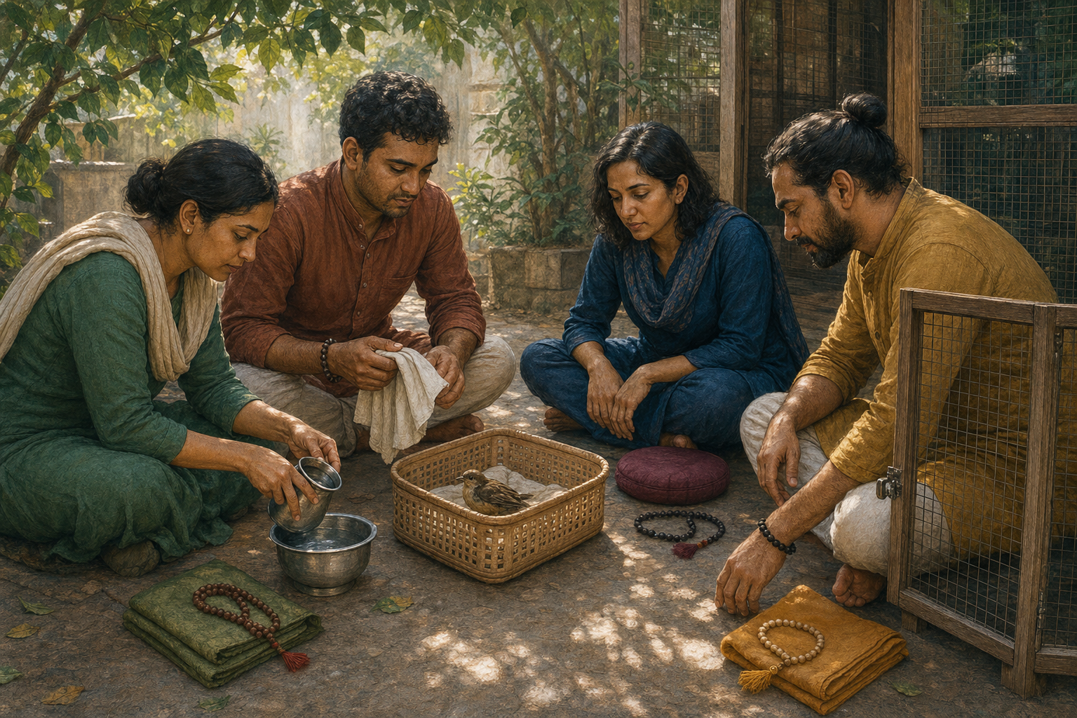 Four adults with different devotional objects cooperate in caring for an injured bird in a shaded courtyard.