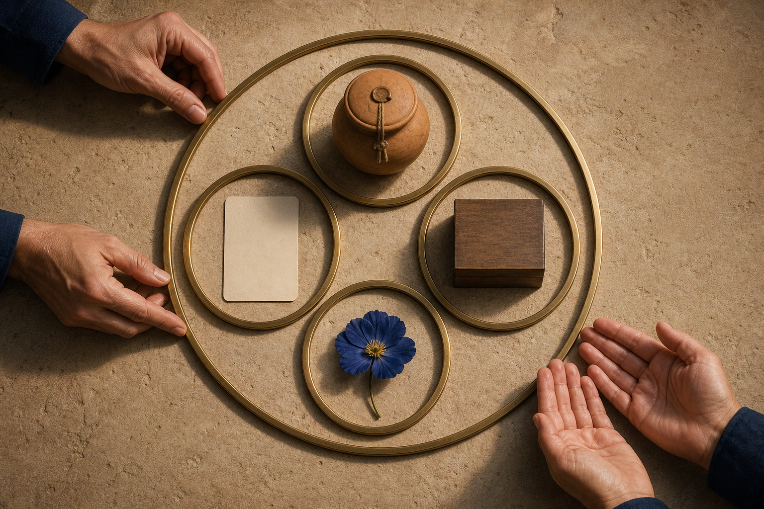 Two pairs of hands arrange a sealed vessel, a blank card, a wooden box, and a flower within separate brass rings on a stone surface.