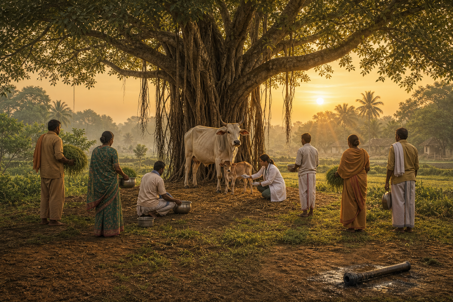 Villagers provide water, fodder, and veterinary care to a cow and calf beneath a banyan tree, with an extinguished torch lying apart.