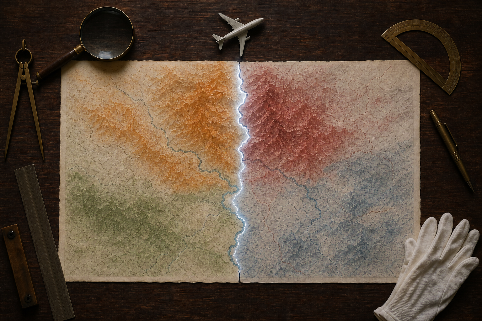 Two adjacent paper maps aligned along a glowing Himalayan boundary, with an aircraft silhouette, magnifying glass, and drafting tools on a wooden table.