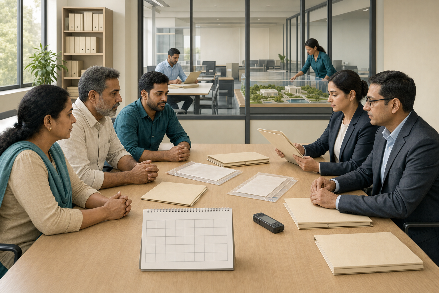 A community delegation presents organized evidence to civil officials while an auditor and site reviewer work in the background of a public office.