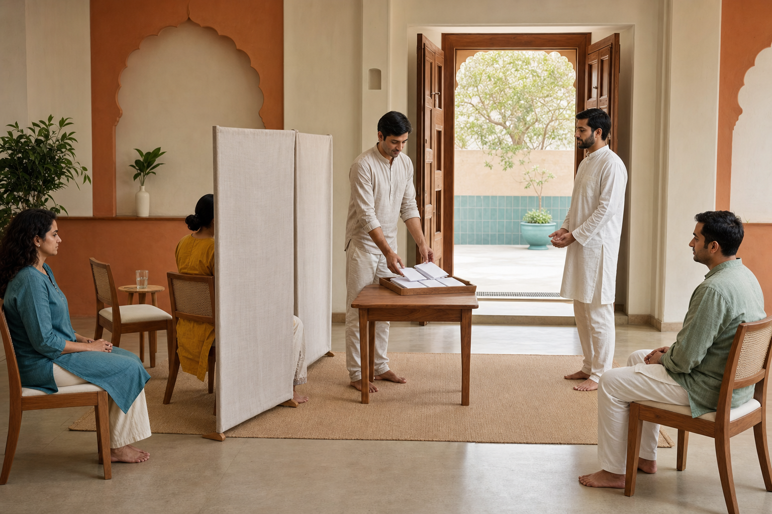 A seated participant is partly shielded by a privacy screen while a facilitator handles identical envelopes and observers watch from a respectful distance.