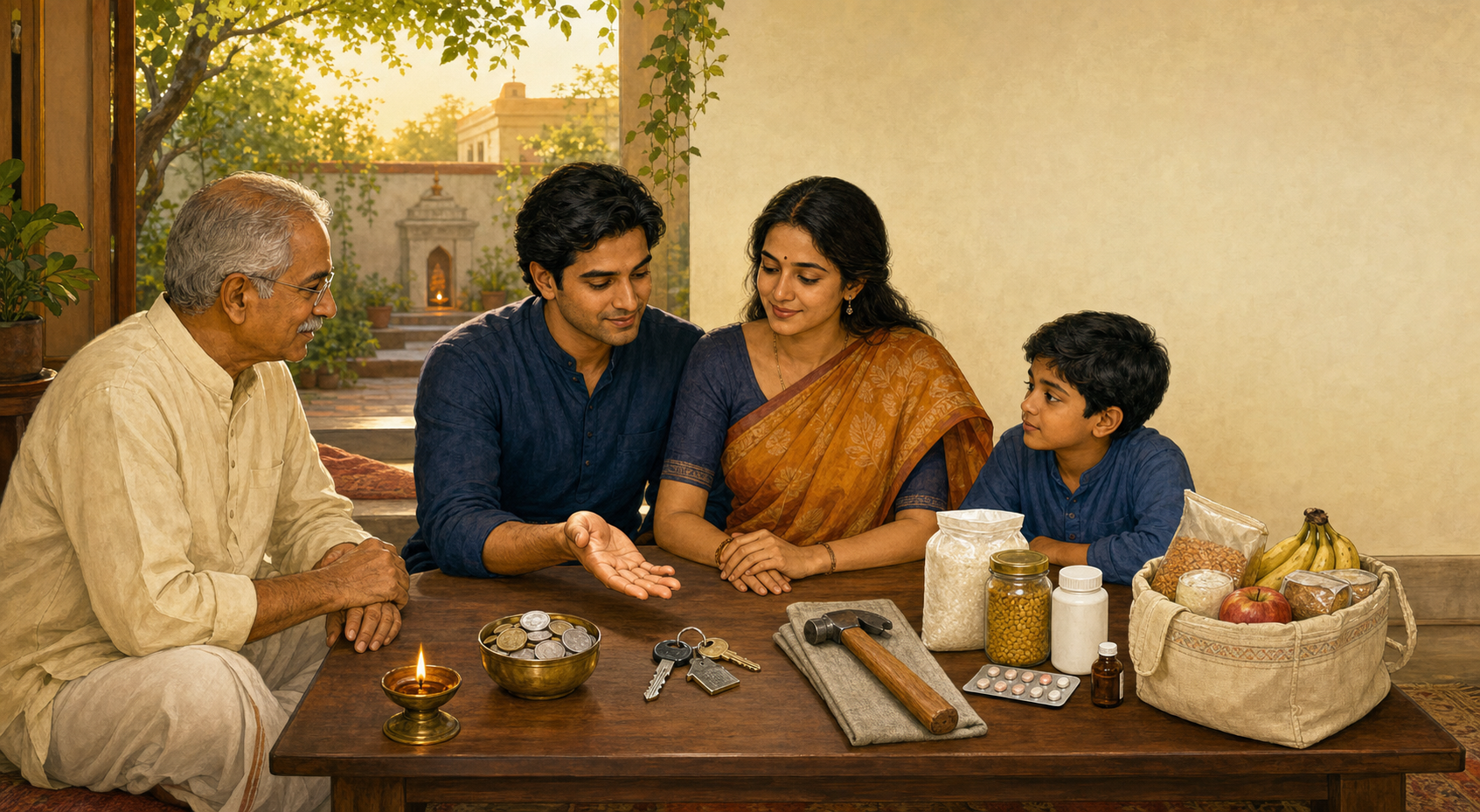 A multigenerational Indian household sits around a table with groceries, medicine, house keys, coins, a repaired tool, and a basket of food set aside for giving.