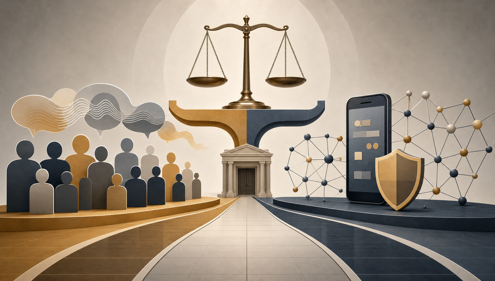 A case file divides into two symbolic legal paths that lead toward a courtroom doorway.