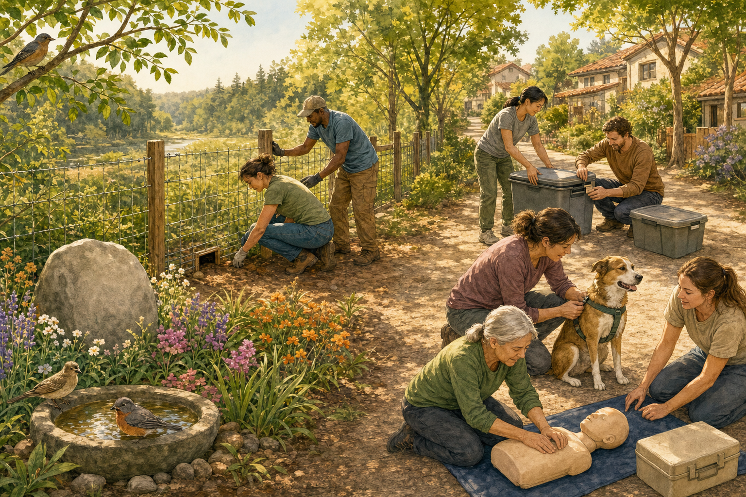 Community members improve fencing, secure animal feed, practice emergency care, and tend a flower memorial beside a wildlife-friendly garden.