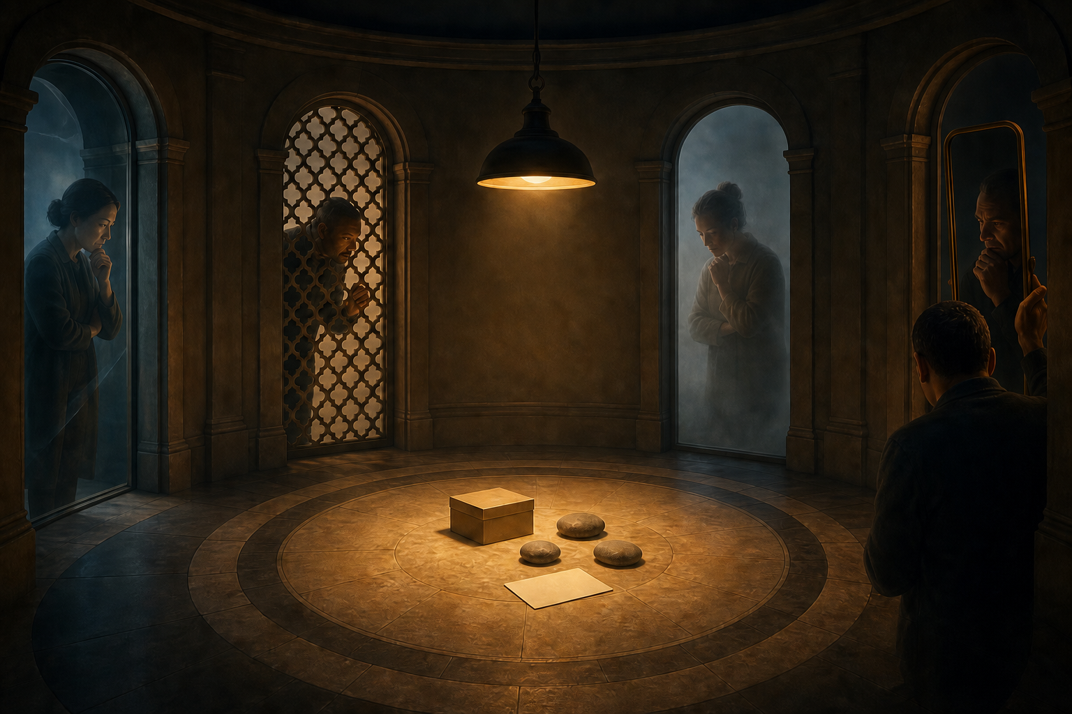 Four observers view the same box, stones, and blank card from different doorways through clear glass, lattice, mist, and a mirror.