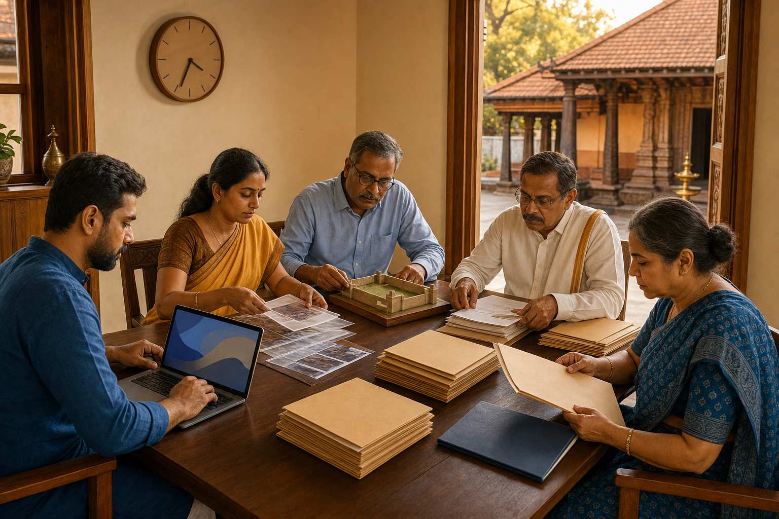 Five community representatives organize digital evidence, photographs, financial records, and site materials around a meeting table beside a temple courtyard.