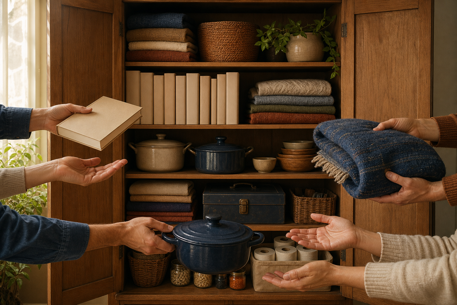 An open household cabinet holds clothes, vessels, books, tools, and supplies while hands pass a book, cooking pot, and folded blanket to others.