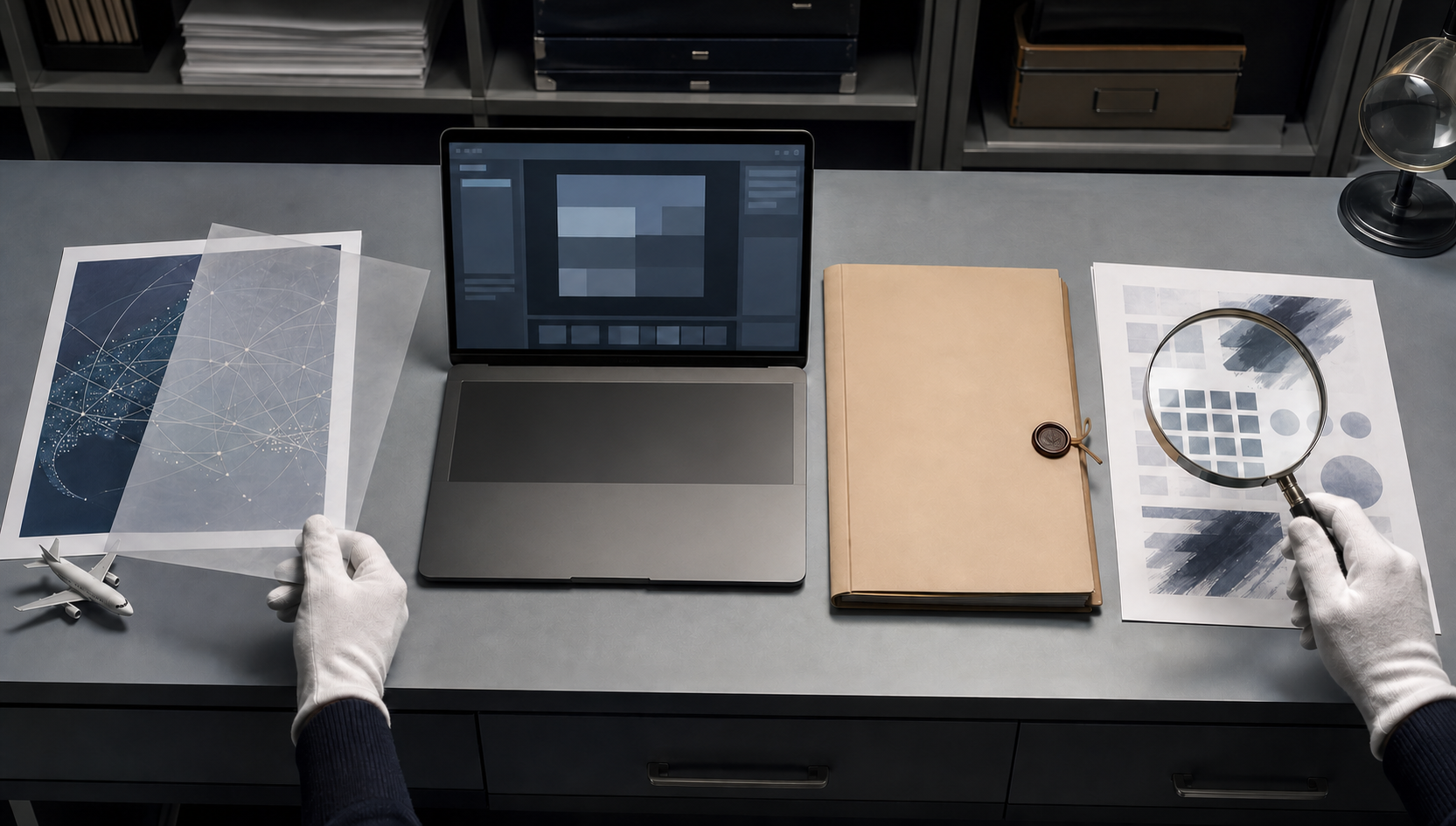 An editor compares a misaligned route-map proof, a digital source file, an archive folder, and a corrected map proof on a review desk.
