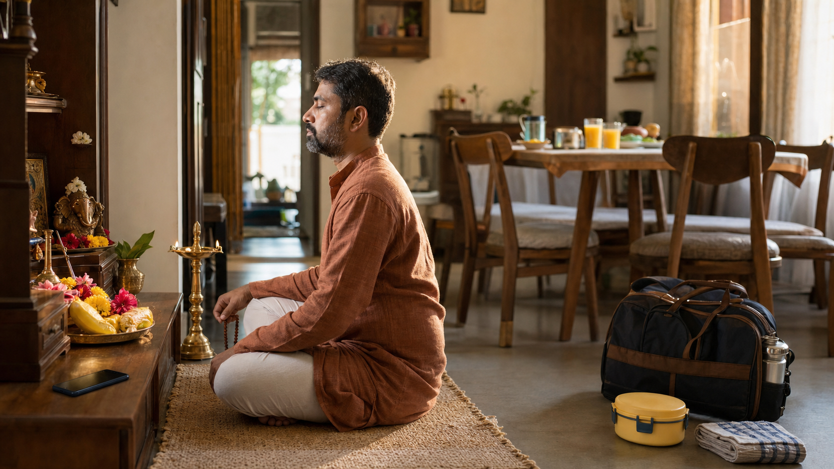 A householder meditates beside a small home shrine at dawn while a phone rests face down near items prepared for work and family duties.