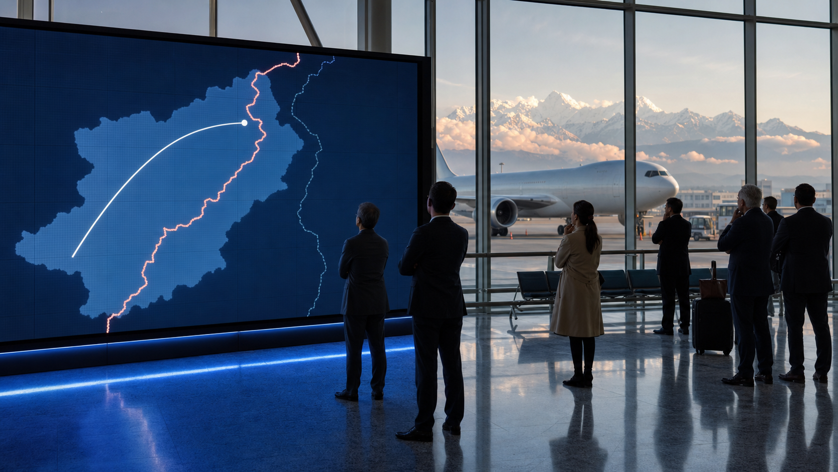 Travelers and officials examine an unlabeled airport route display with two misaligned boundary lines as an unbranded aircraft sits outside.