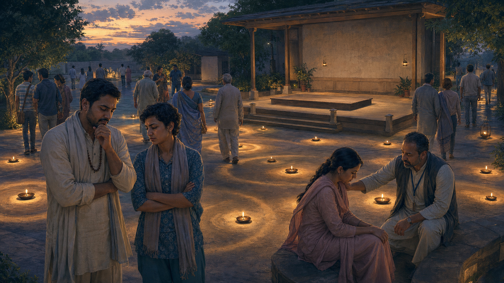 At dusk, attendees leave a gathering hall while two observers reflect and a facilitator checks on a seated participant beside an empty platform.