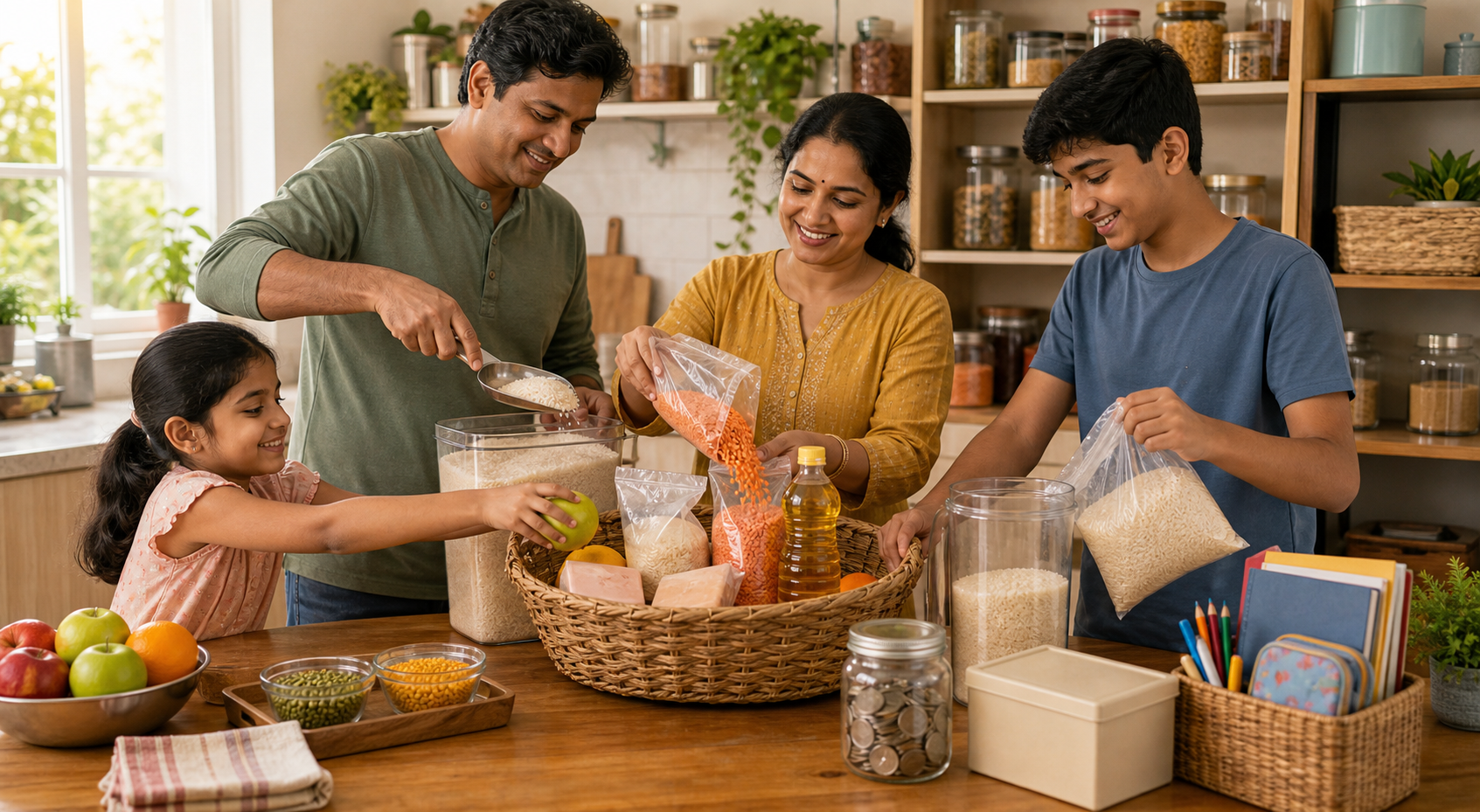 A family places rice, lentils, oil, soap, and fruit into a woven giving basket before putting the remaining supplies into a pantry.