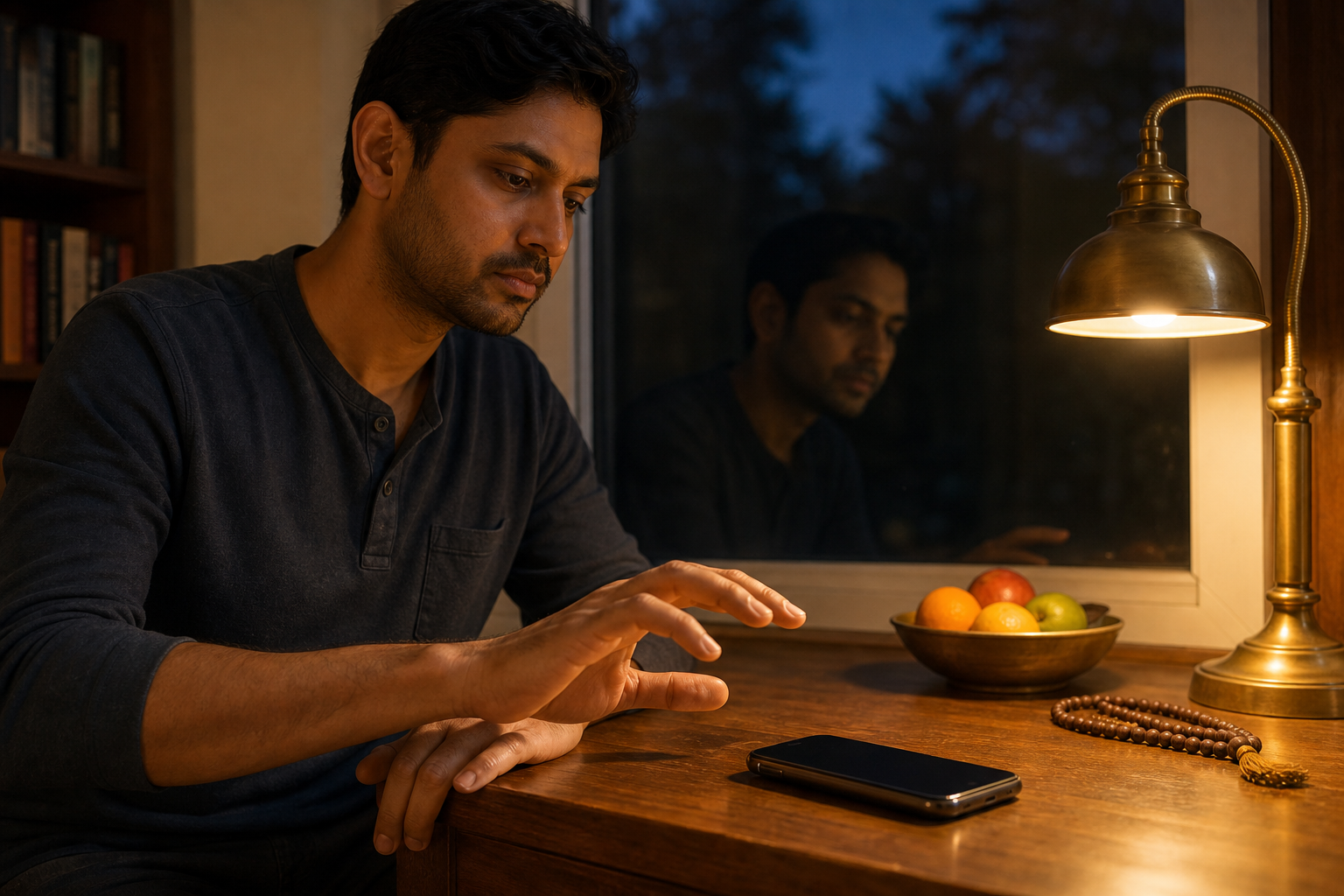 An adult pauses with a hand just above a smartphone on a desk, leaving a deliberate gap before touching it.