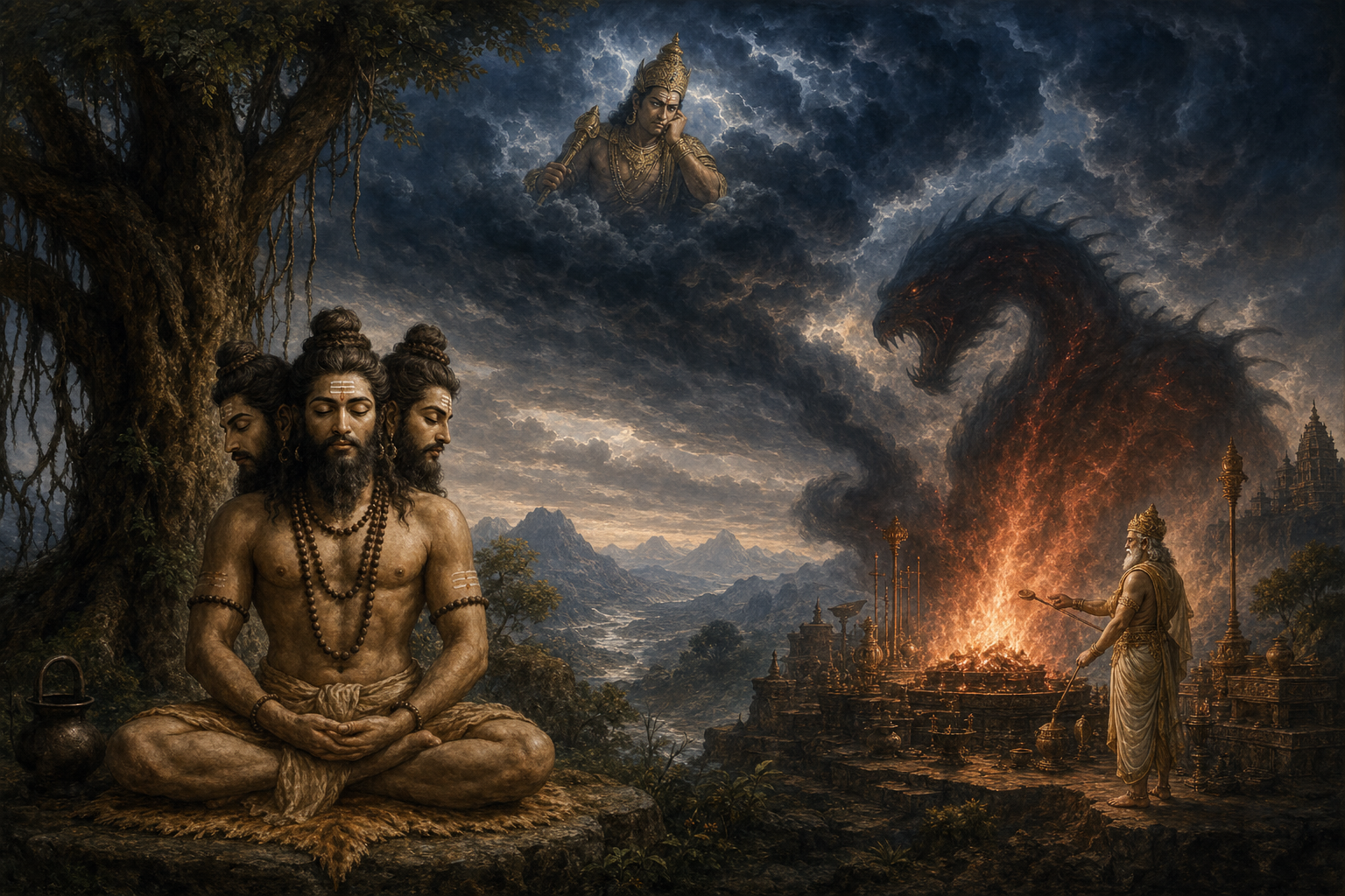 Trishiras meditates while Indra watches from storm clouds and Tvastr summons the shadowy form of Vritra from a ritual fire.