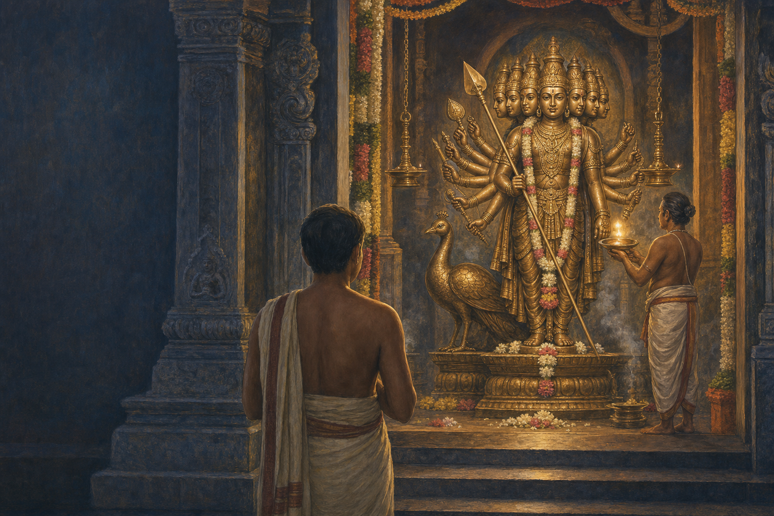 A devotee watches a priest offer an oil lamp before a six-faced bronze Murugan with multiple arms and a peacock in a South Indian temple sanctum.