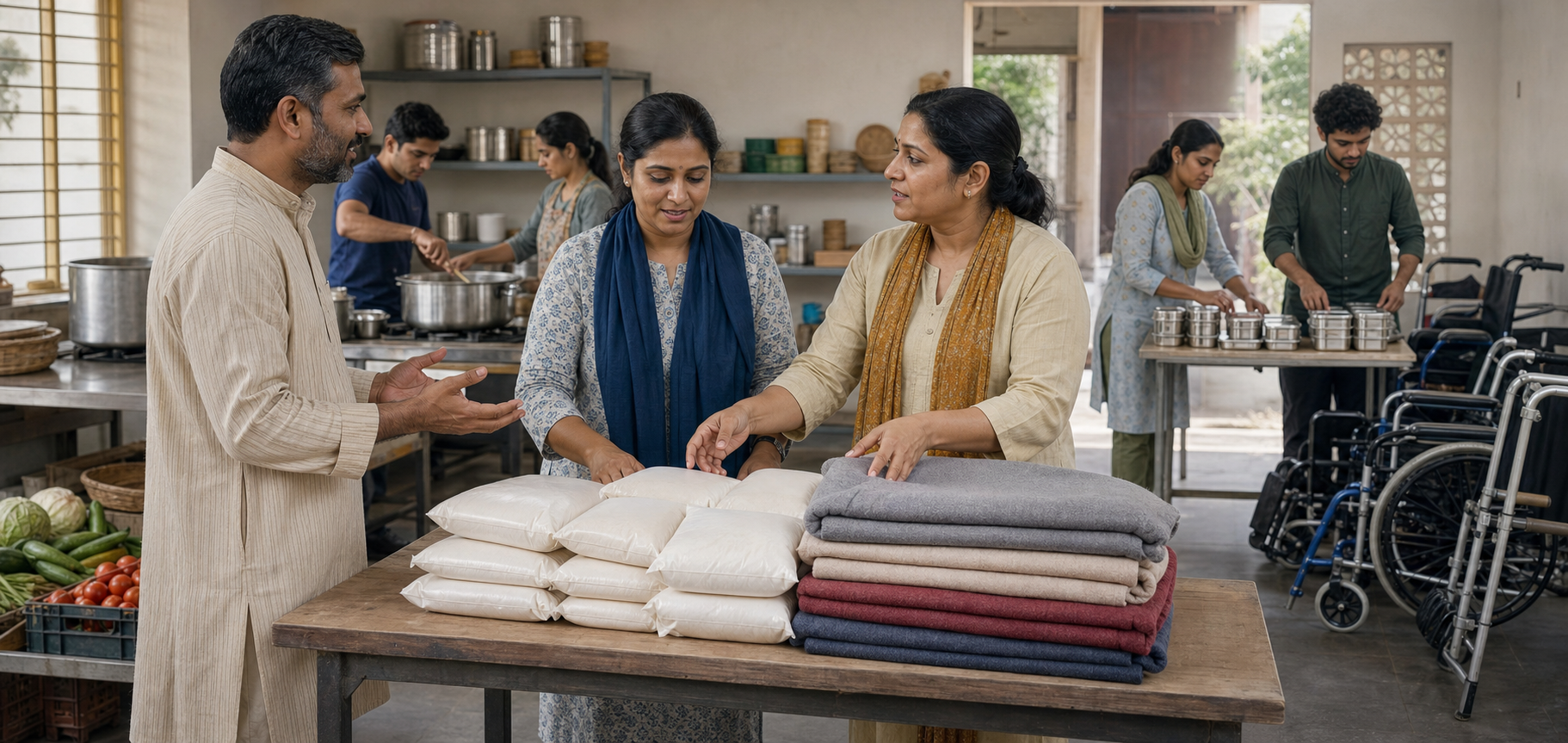 A householder respectfully gives staple foods and folded blankets to coordinators organizing supplies in a community kitchen.