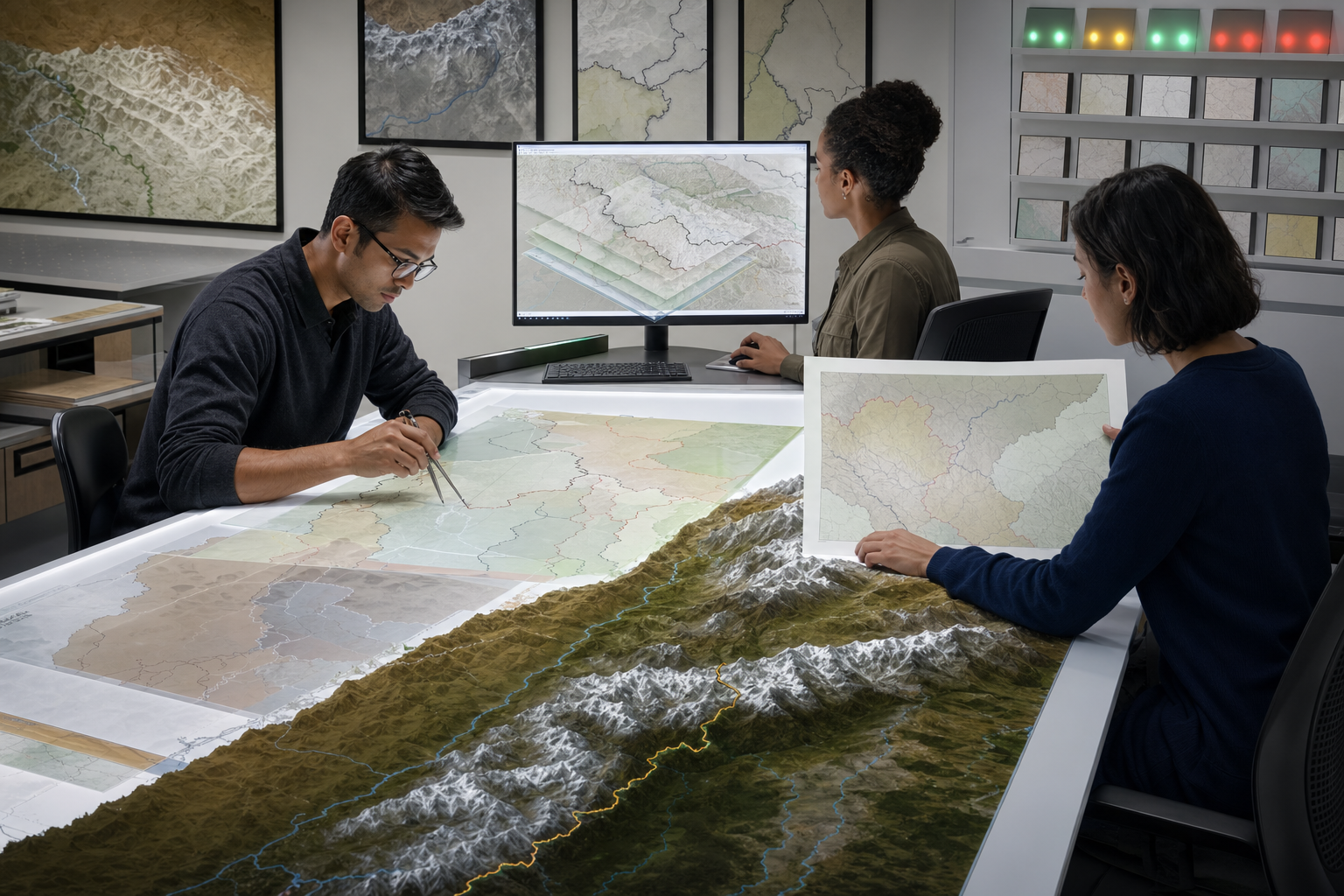 Three cartographic reviewers compare transparent boundary overlays, a digital map, and a Himalayan relief model at an illuminated drafting table.