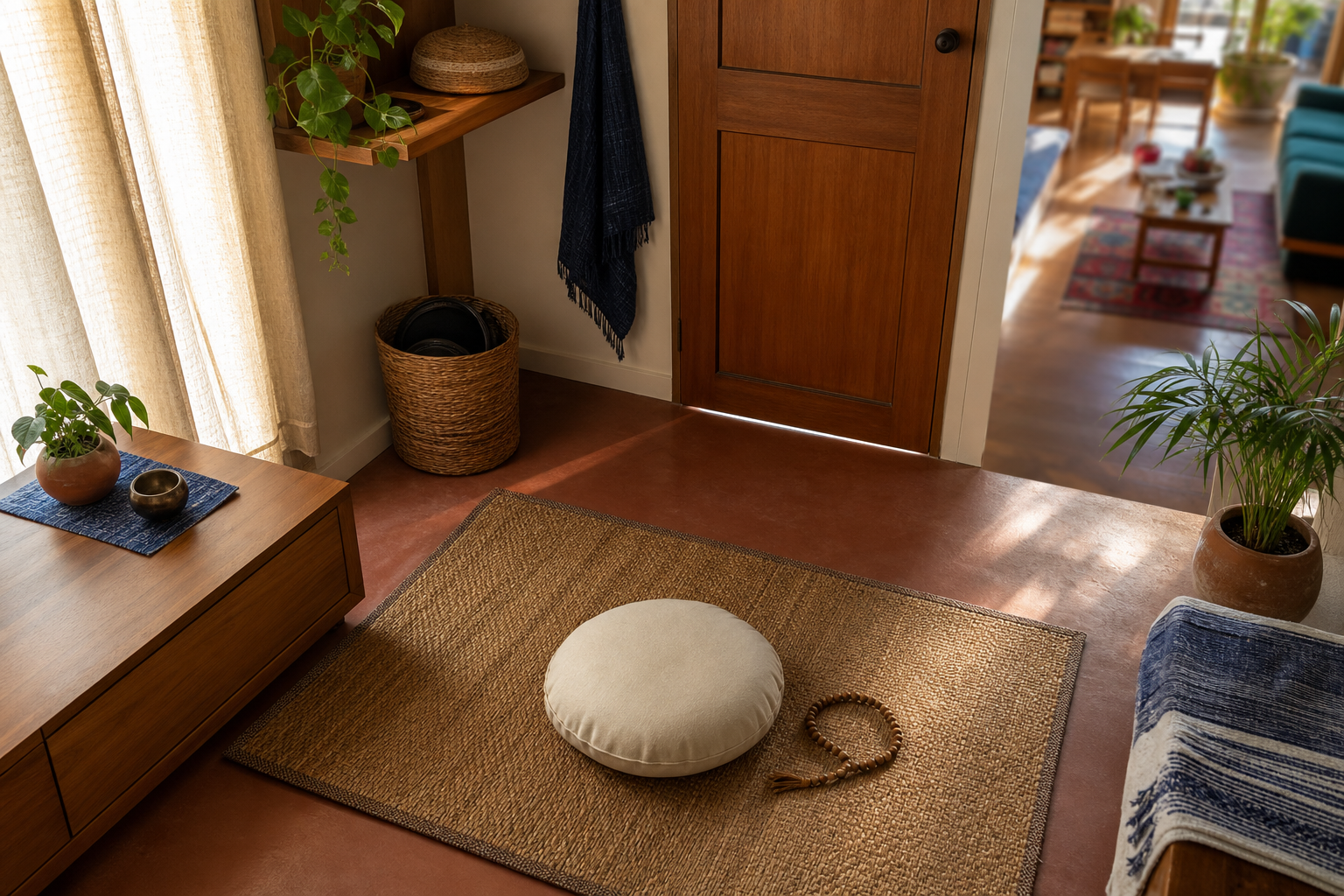 A quiet meditation space is separated from stored devices and other distractions by a closed drawer, baskets, and a door.