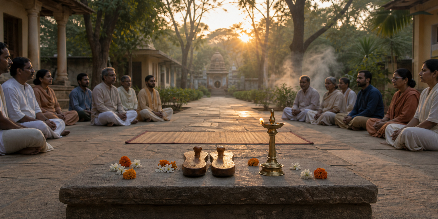 Wooden padukas, flowers, and a lit oil lamp rest before an empty meditation mat while disciples sit quietly in an ashram courtyard at dawn.