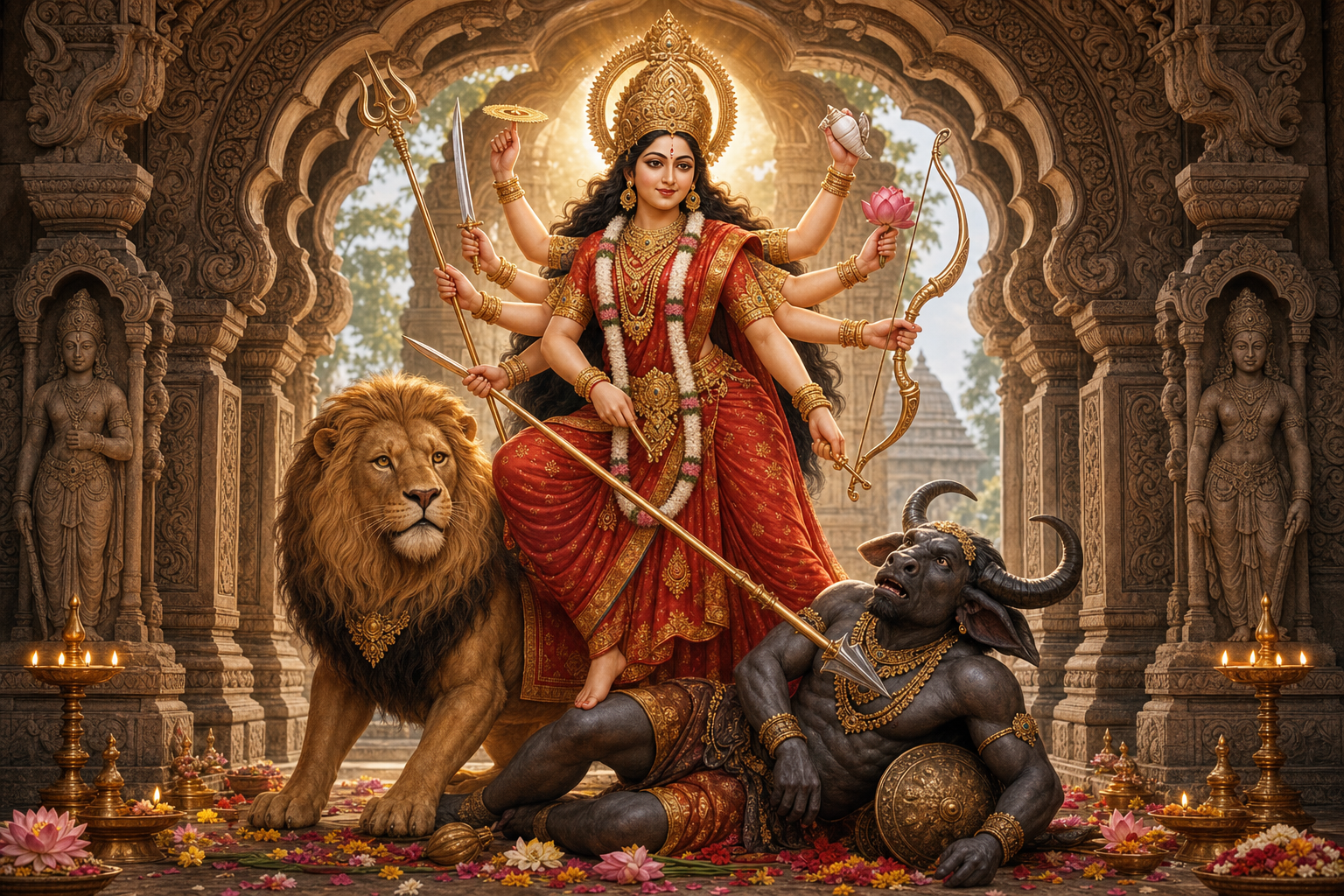 Durga appears with multiple arms, traditional attributes, and a lion while subduing the buffalo demon Mahisha beneath a carved temple arch.