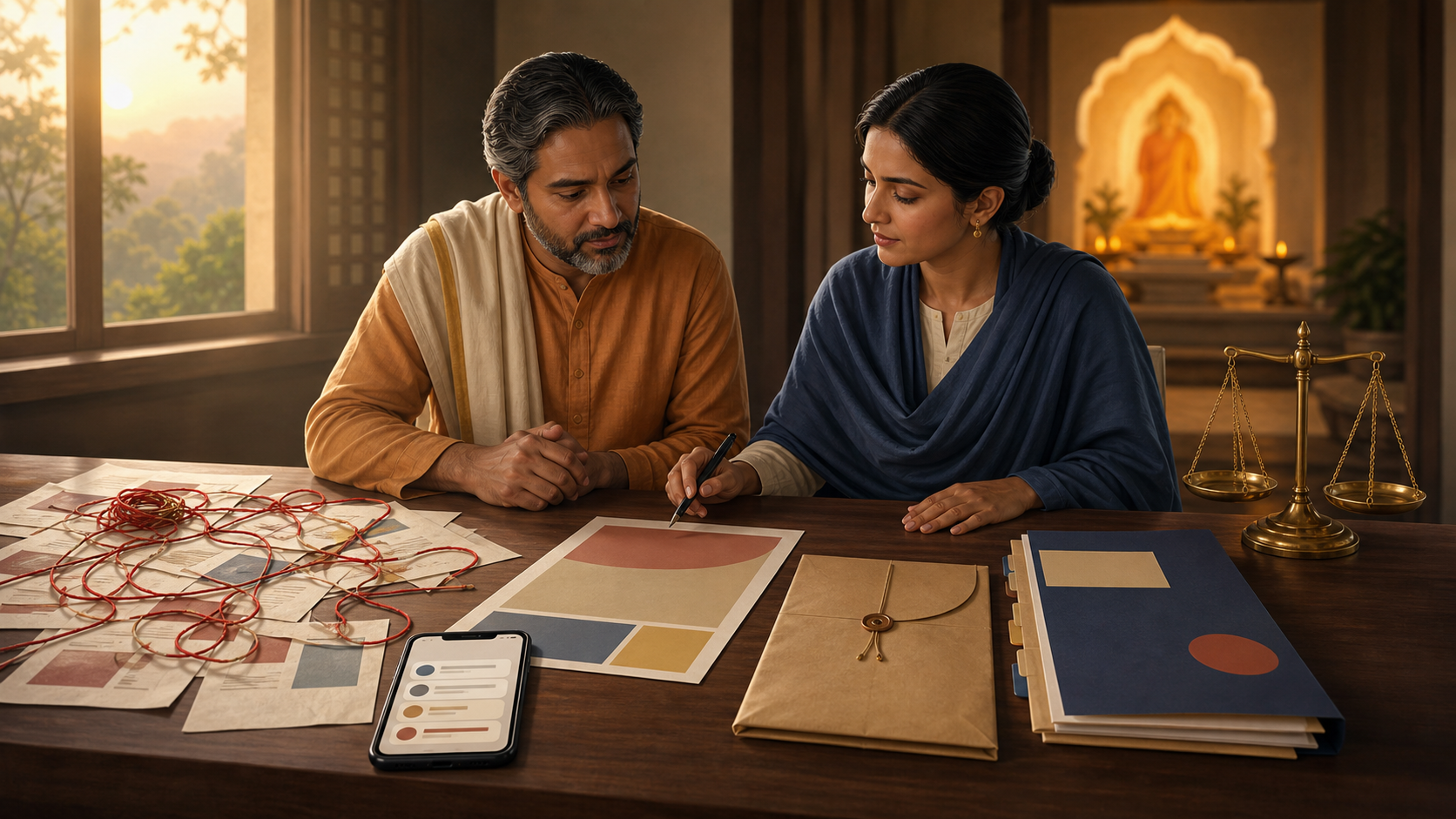 A temple administrator and legal adviser examine a phone, blank poster, evidence envelope, case folder, and brass scales at an orderly desk.