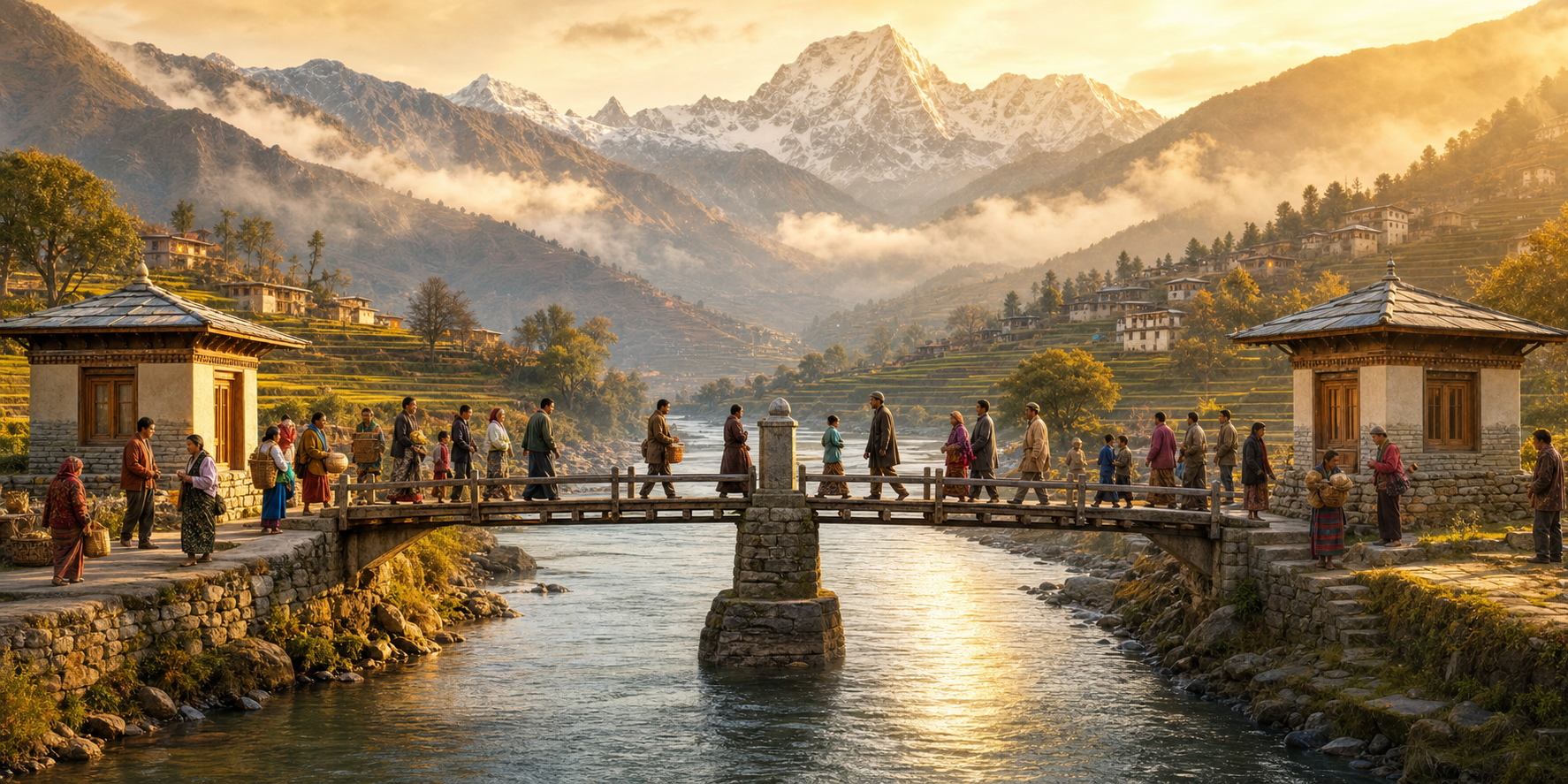 Neighboring Himalayan communities connect across a river bridge with a clearly maintained midpoint boundary marker at dawn.