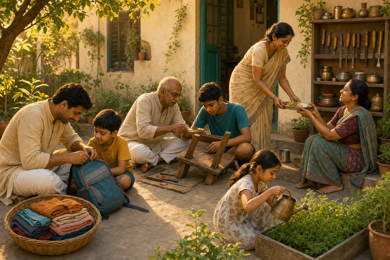 Three generations repair a backpack and stool, serve a meal to a neighbor, water herbs, and prepare mended clothes for sharing in a courtyard.
