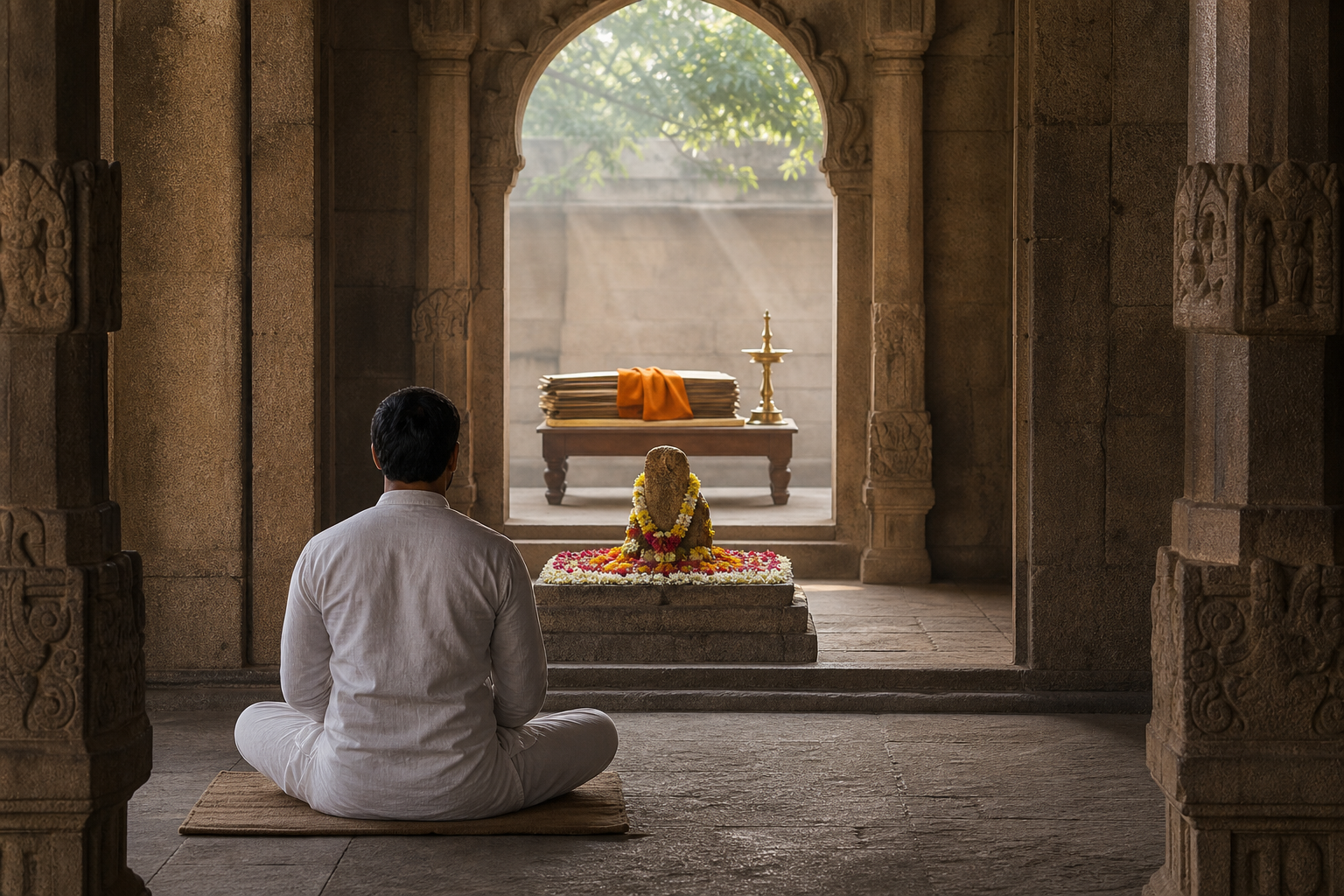 A meditator, a flower-covered memorial platform, palm-leaf manuscripts, and a brass lamp occupy distinct areas of a stone hall.