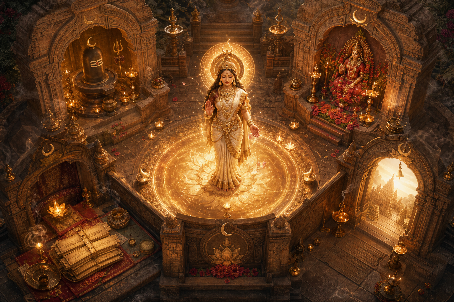 A central goddess is surrounded by four alcoves showing a Shiva sanctuary, a Goddess shrine, ritual manuscripts, and a temple gateway.