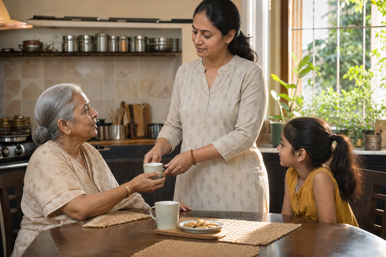 A composed householder serves tea while listening attentively to an older relative as a child looks on.