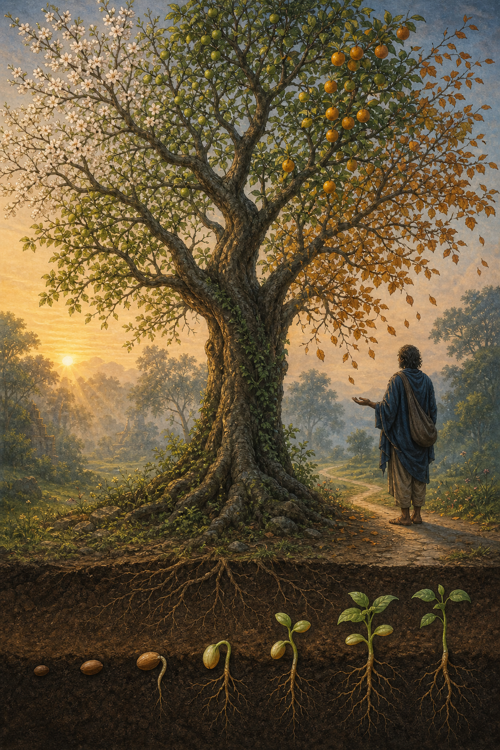 A traveler stands beside a tree bearing blossoms and fruit at several stages while seeds germinate beneath the soil.