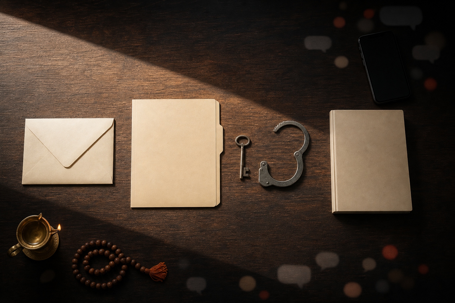 A blank complaint envelope, court folder, open handcuff, key, and case file sit in clear light while a phone and notification shapes remain in shadow.