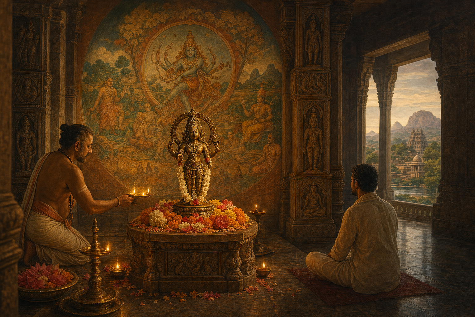 A bronze deity is surrounded by worship, a narrative mural, temple carvings, a regional landscape, and a meditating devotee in one layered scene.