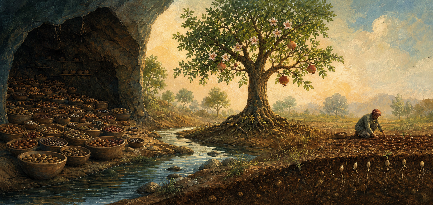 A continuous landscape shows stored seeds, a mature fruiting tree, and a gardener planting new seeds.