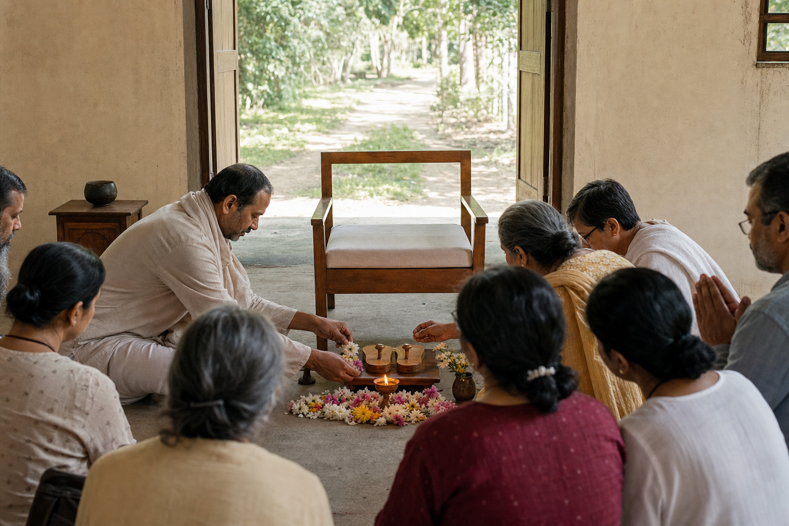 Devotees place flowers near wooden padukas and a lamp in a prayer room with an empty teacher's seat and open doors behind them.