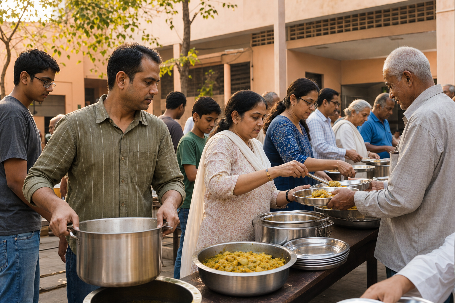 Volunteers prepare and serve a community meal while a householder carries a cooking pot through the courtyard.