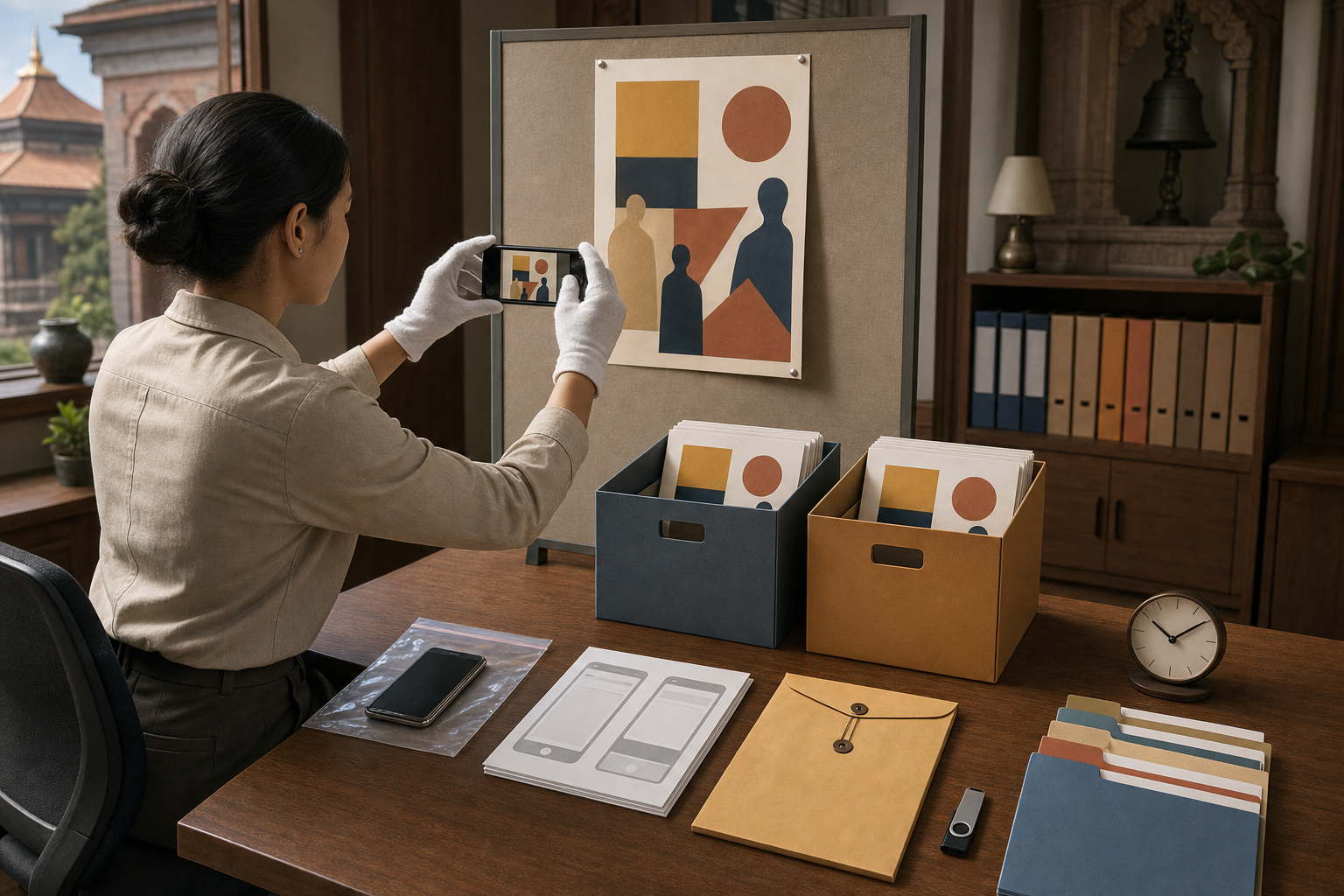 A records officer photographs a blank event poster while phones, screenshot printouts, folders, storage boxes, and an evidence pouch are organized on a desk.
