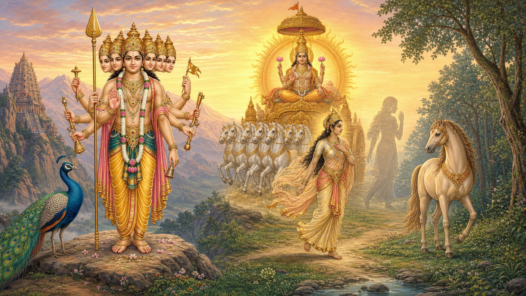 A paired illustration shows six-faced Murugan with a spear and peacock, and Samjna leaving a shadow near Surya before appearing as a mare in a forest.