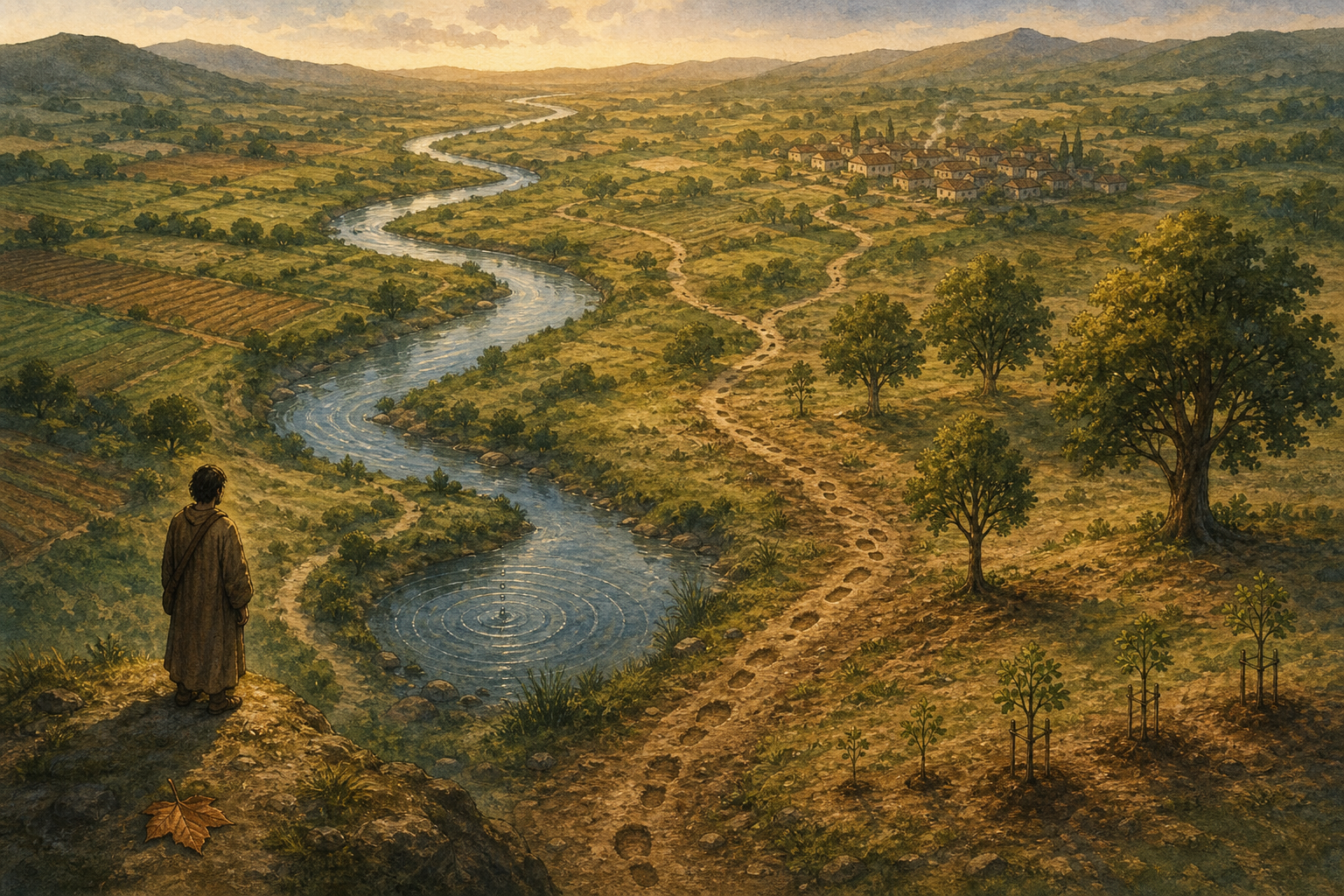 An observer looks across a landscape where repeated footprints, ripples, saplings, and a river form visible patterns over time.