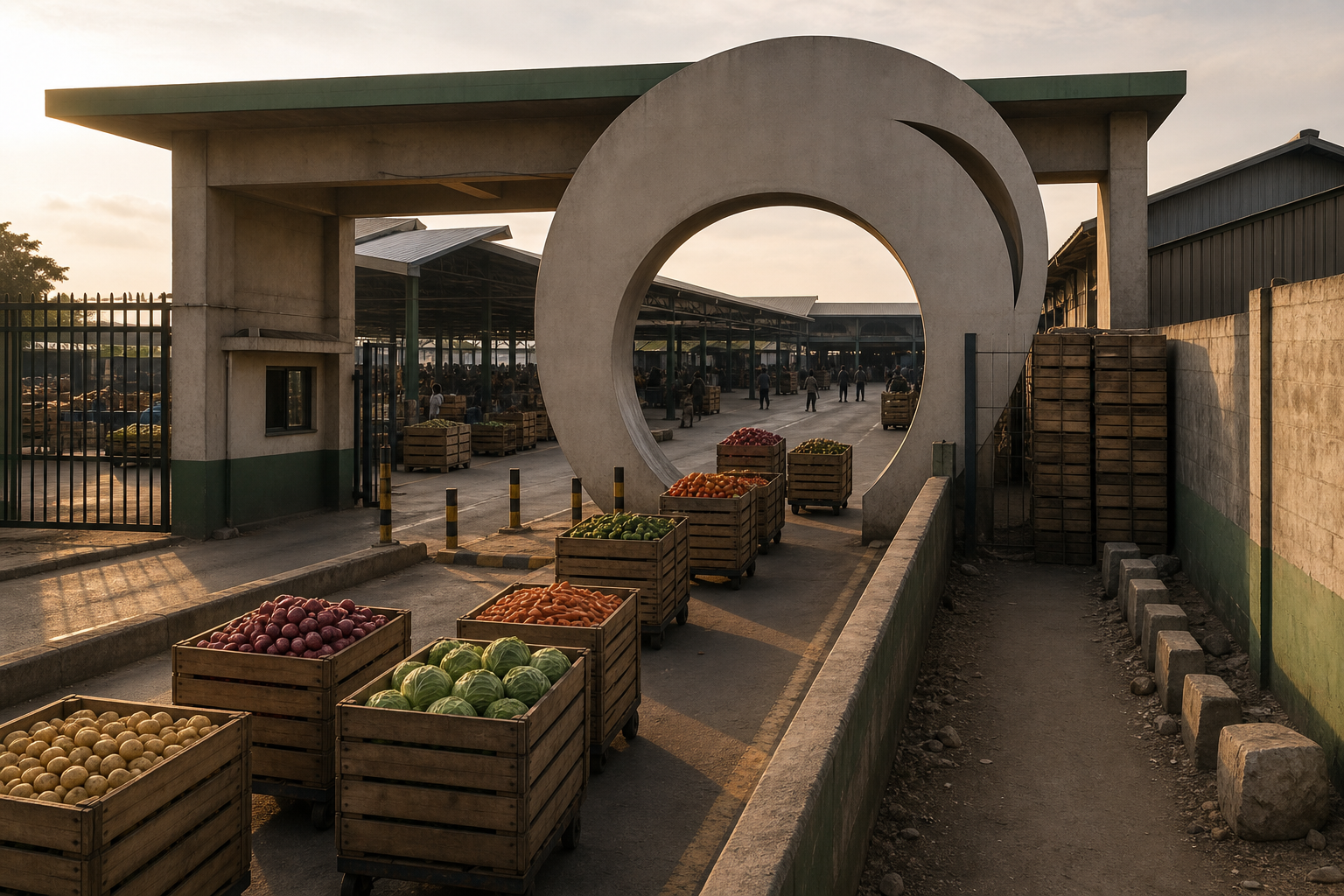 Food crates move toward a wholesale market through a single open checkpoint shaped like a certification seal.