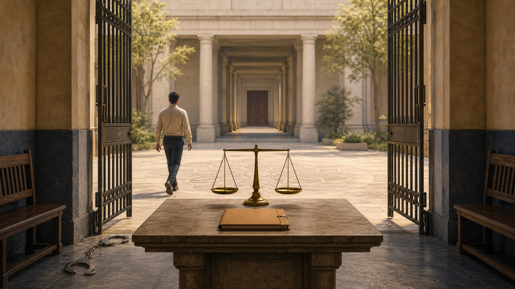 A person walks through an open custody gate while a closed case folder and balanced scales remain on a table leading toward a courtroom.