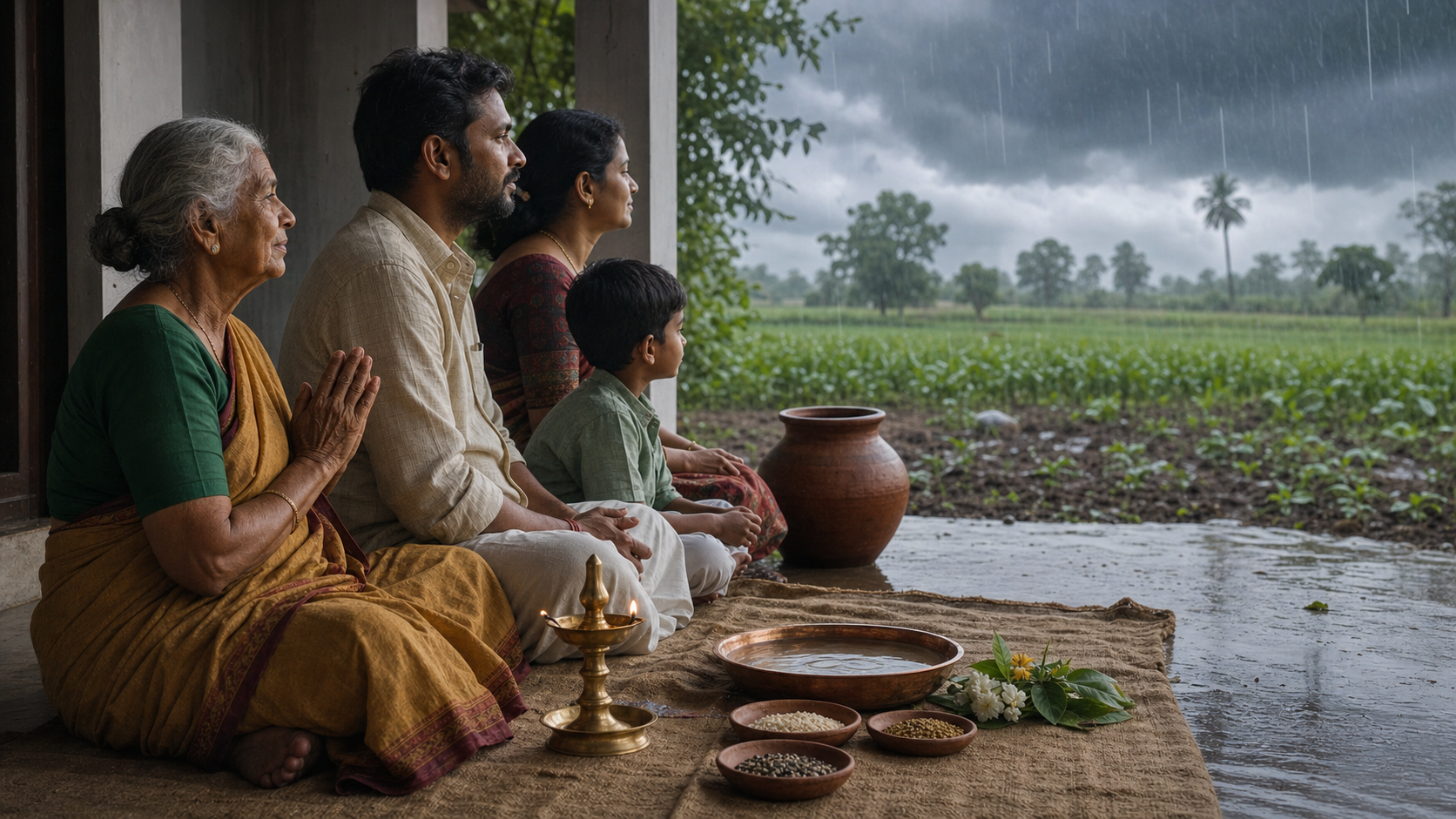 A multigenerational Indian family observes the monsoon from a veranda beside a small lamp, a bowl of water, seeds, leaves, and flowers.
