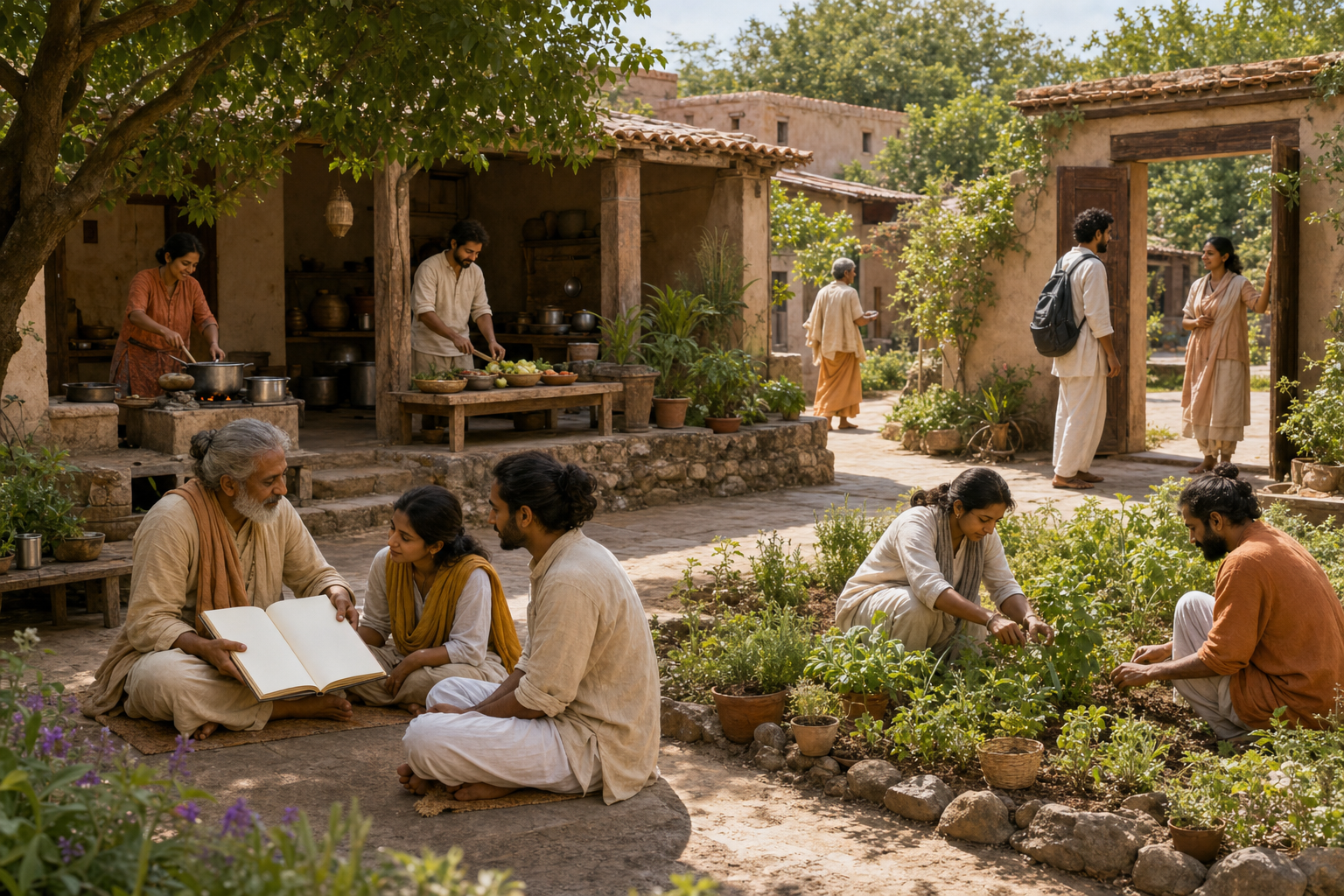 Monastics and lay practitioners study, cook, tend a garden, and welcome a visitor together in an ashram courtyard.