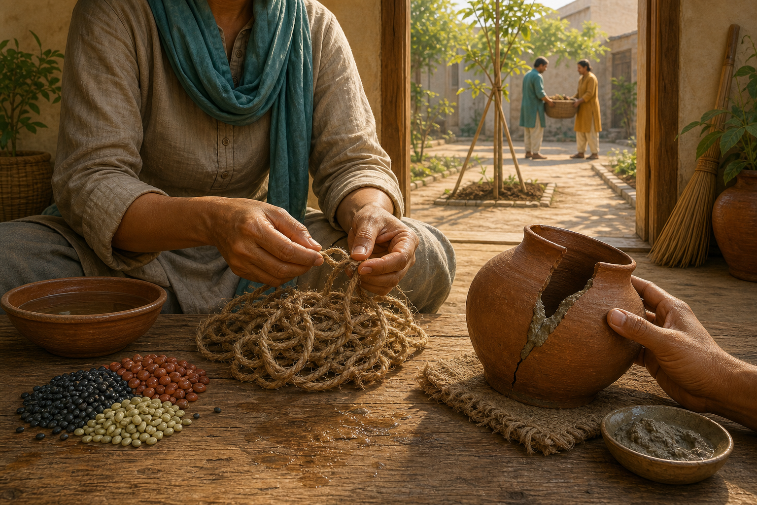 A person reviews seeds, untangles a cord, and repairs a clay vessel at a table in a sunlit courtyard.