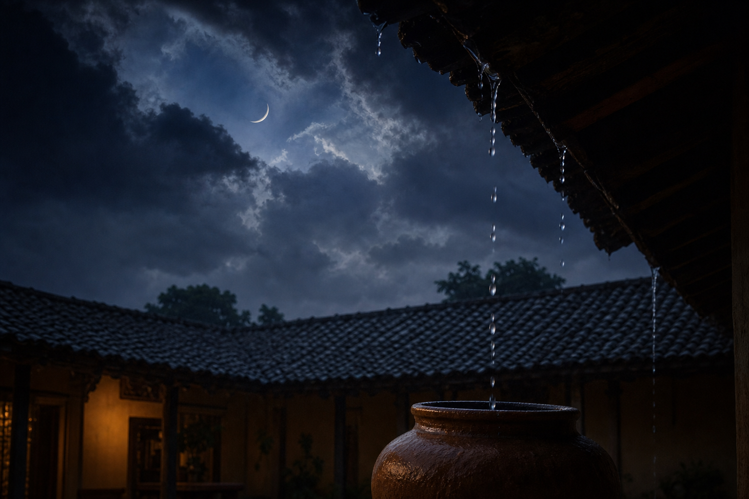 A slender waxing crescent moon appears between monsoon clouds above a rain-wet courtyard roof and an earthen water vessel.