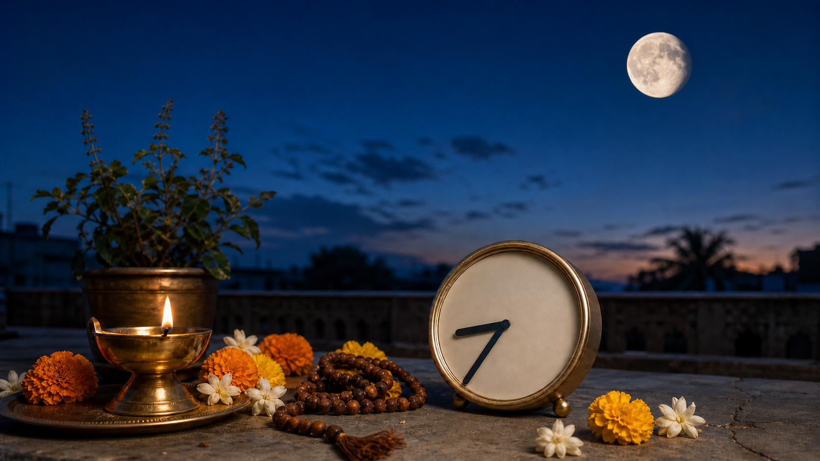 A brass oil lamp, flowers, prayer beads, and an unnumbered analog clock sit beneath a bright waning moon at blue hour.
