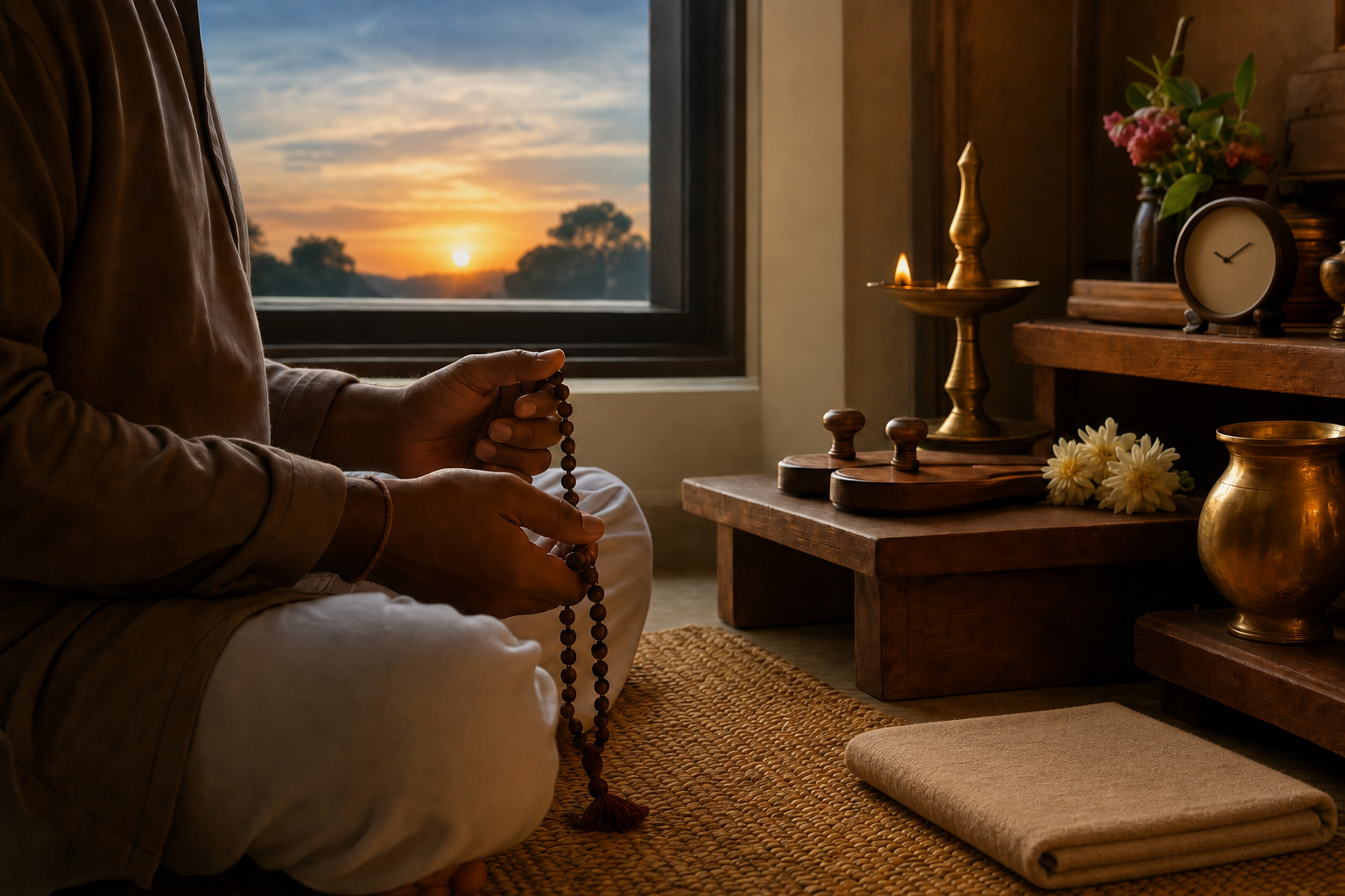 A practitioner uses prayer beads at dawn beside a home shrine with wooden padukas, flowers, a water vessel, and a lit oil lamp.