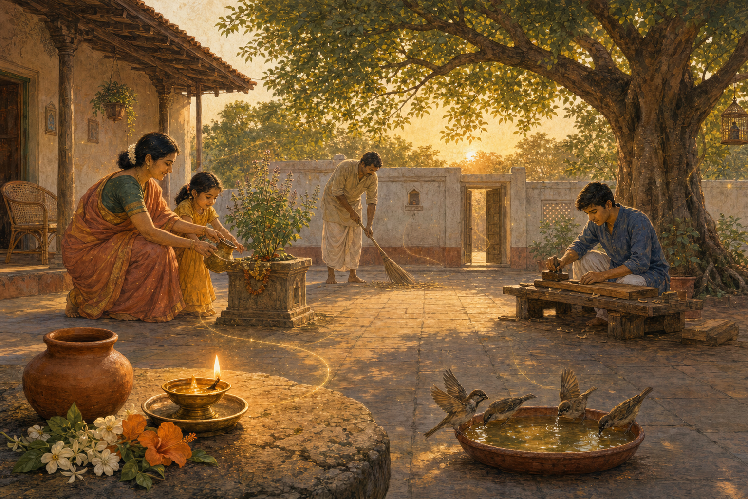 An Indian courtyard at dawn with a glowing oil lamp, people doing daily tasks, birds, a tulsi plant, and warm light extending through the entire scene.